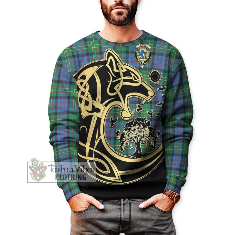 Bowie Ancient Tartan Sweatshirt with Family Crest Celtic Wolf Style