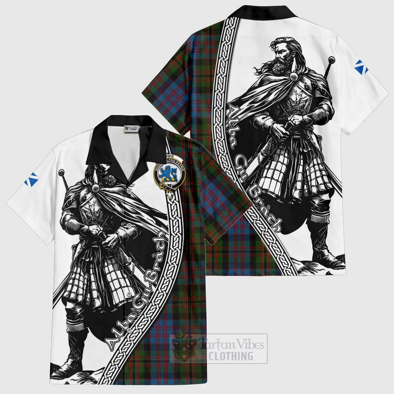 Bowie Tartan Clan Crest Short Sleeve Button Shirt with Highlander Warrior Celtic Style
