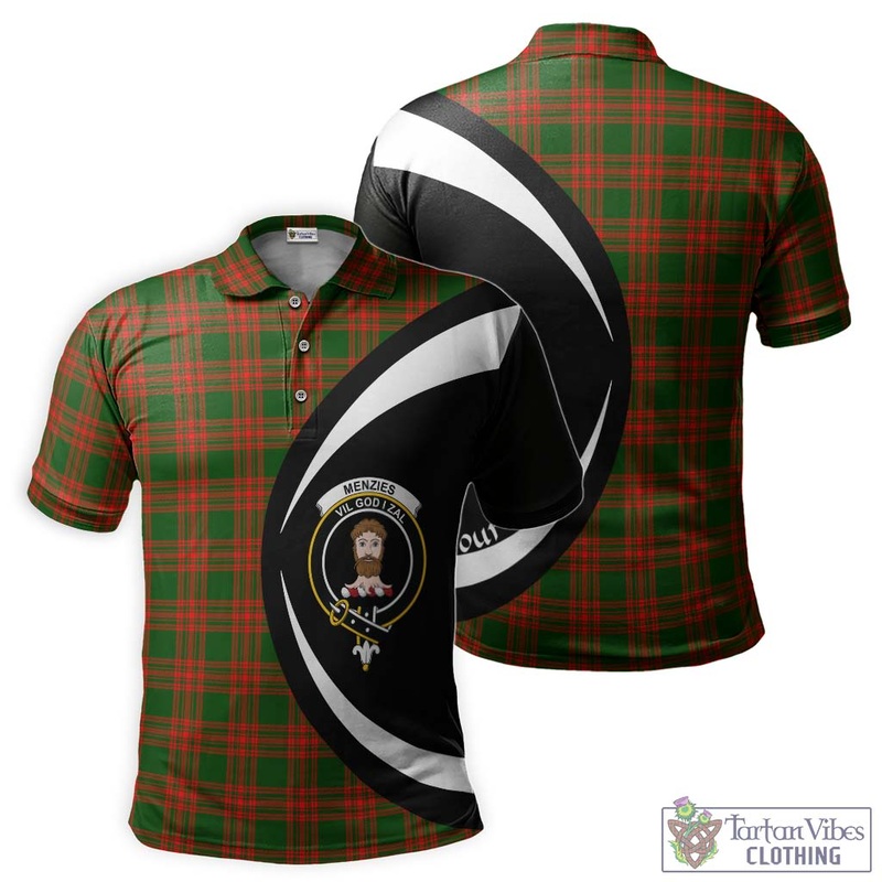 Menzies Green Modern Tartan Men's Polo Shirt with Family Crest Circle Style
