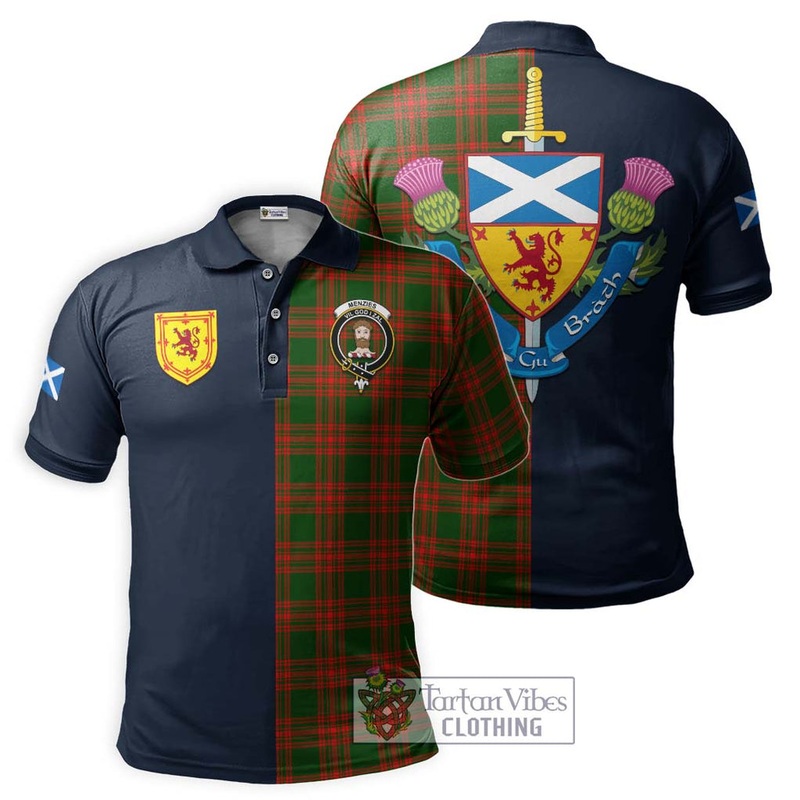 Menzies Green Modern Tartan Polo Shirt Alba with Scottish Lion Royal Arm Half Style