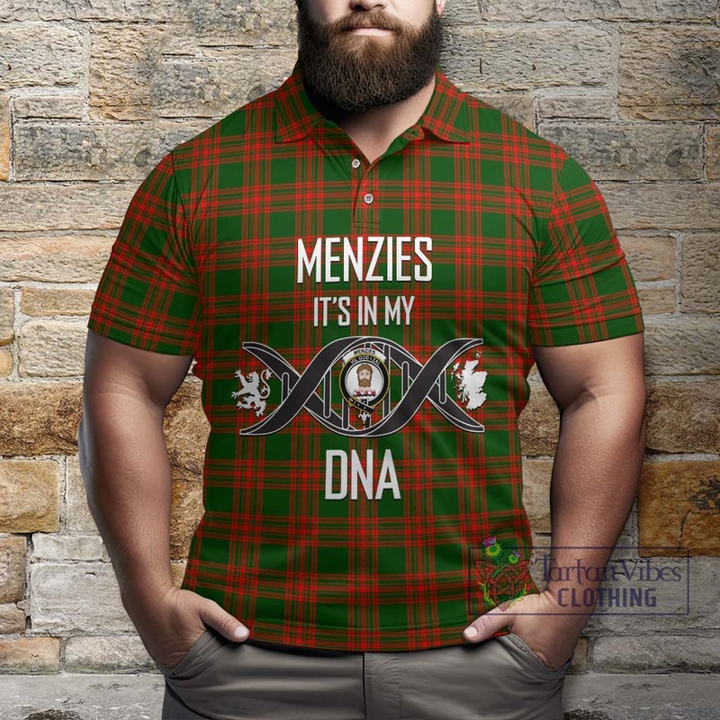 Menzies Green Modern Tartan Polo Shirt with Family Crest DNA In Me Style