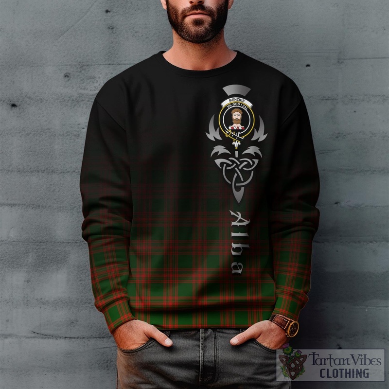Menzies Green Modern Tartan Sweatshirt Featuring Alba Gu Brath Family Crest Celtic Inspired
