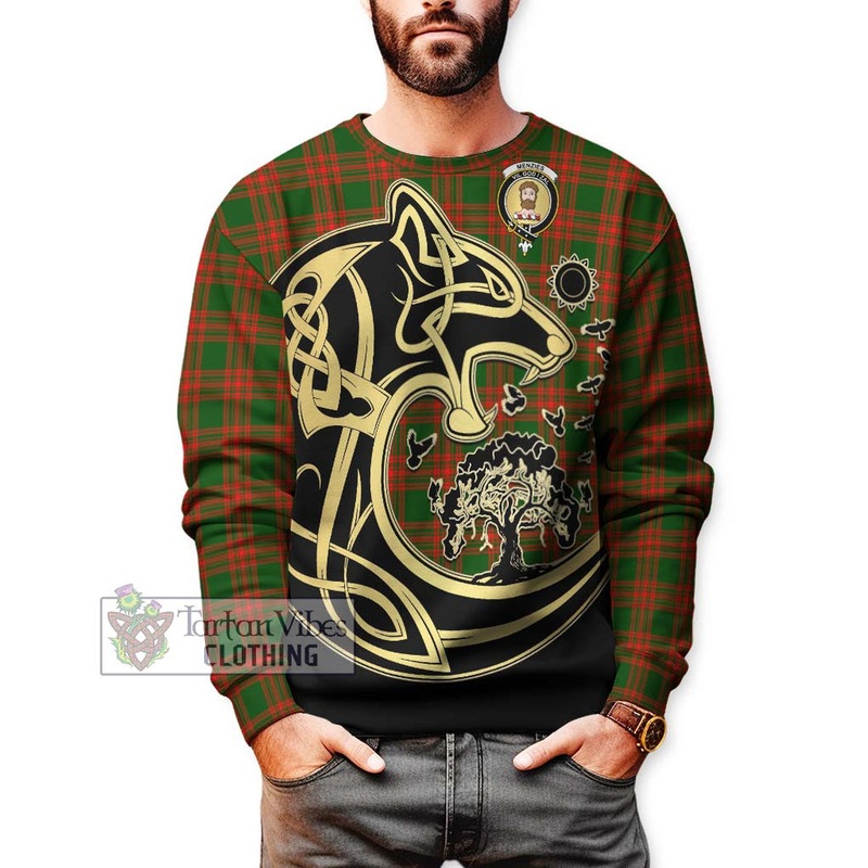 Menzies Green Modern Tartan Sweatshirt with Family Crest Celtic Wolf Style
