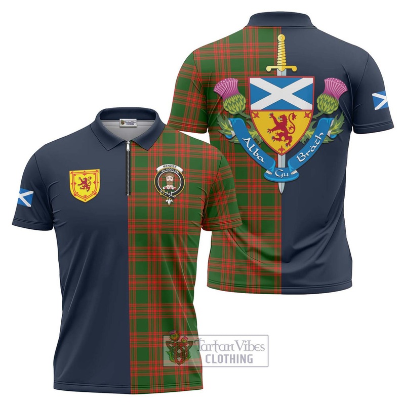 Menzies Green Modern Tartan Zipper Polo Shirt Alba with Scottish Lion Royal Arm Half Style