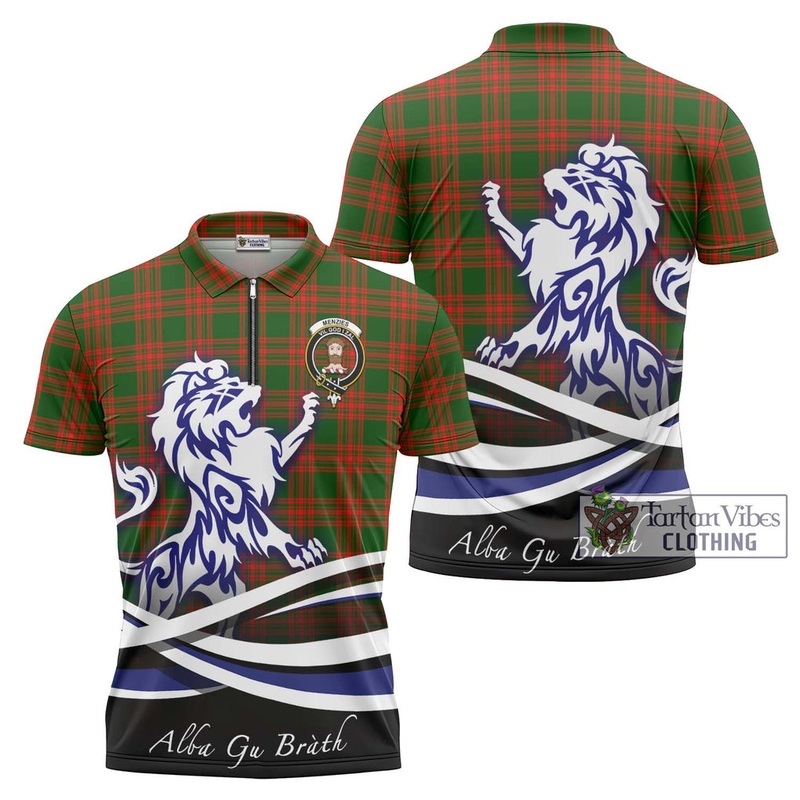 Menzies Green Modern Tartan Zipper Polo Shirt with Alba Gu Brath Regal Lion Emblem