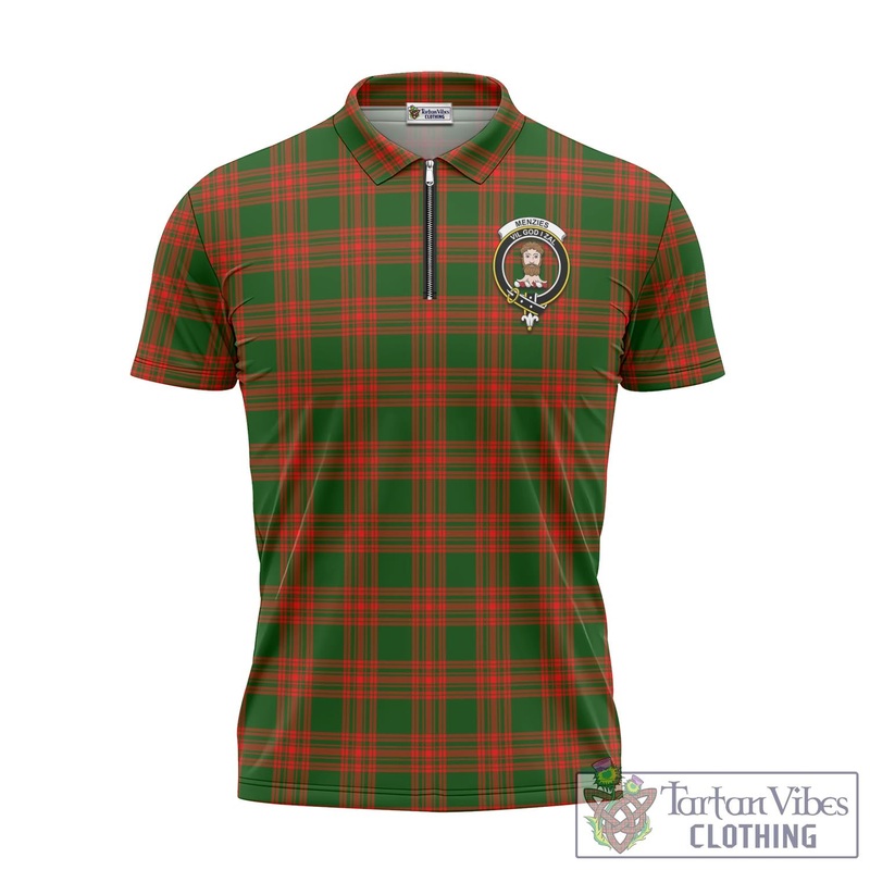 Menzies Green Modern Tartan Zipper Polo Shirt with Family Crest