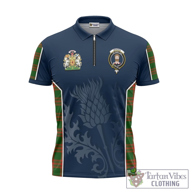 Menzies Green Modern Tartan Zipper Polo Shirt with Family Crest and Scottish Thistle Vibes Sport Style