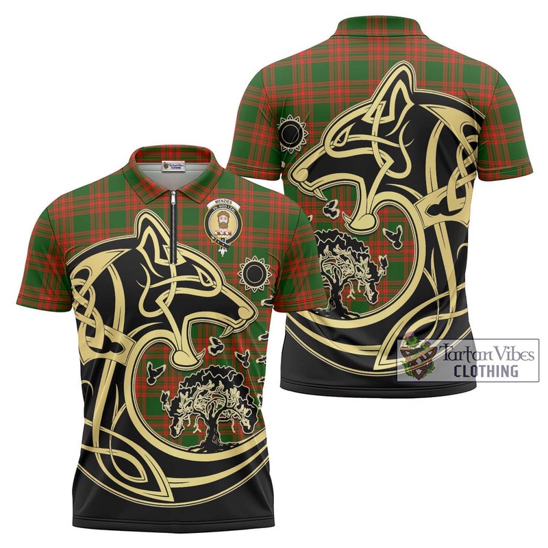 Menzies Green Modern Tartan Zipper Polo Shirt with Family Crest Celtic Wolf Style
