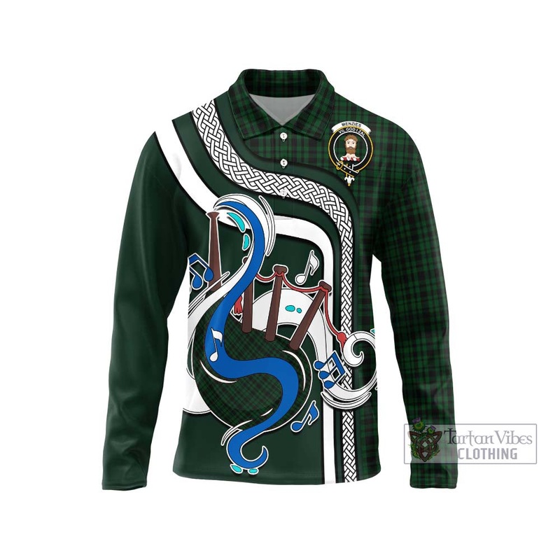 Menzies Green Tartan Long Sleeve Polo Shirt with Epic Bagpipe Style