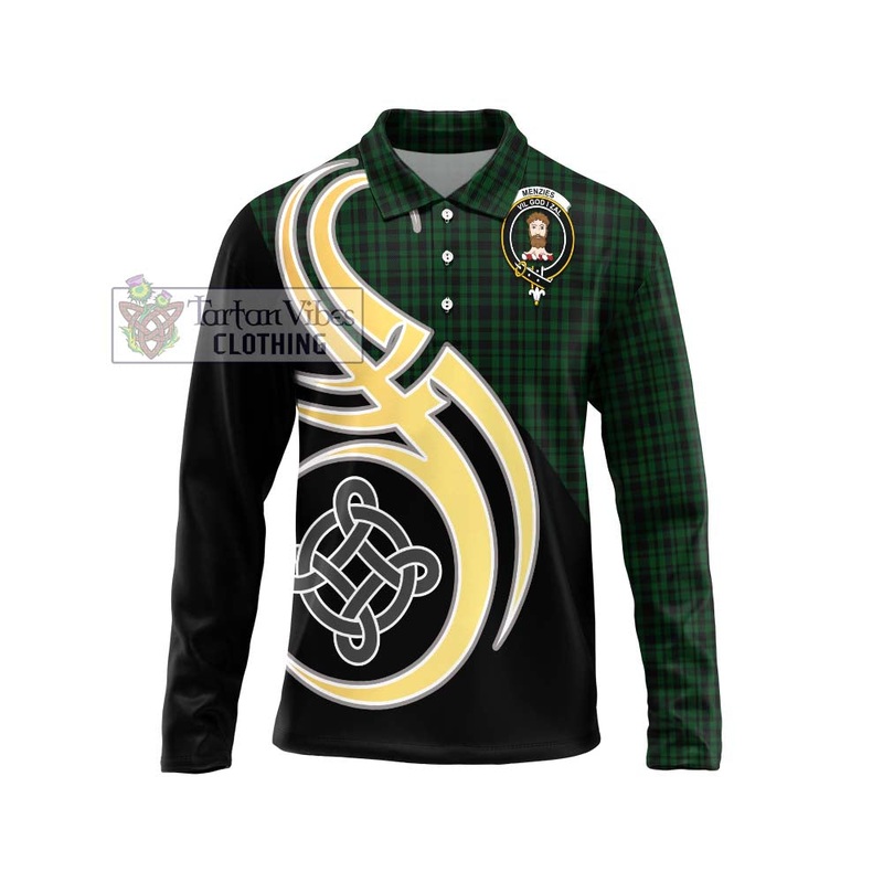 Menzies Green Tartan Long Sleeve Polo Shirt with Family Crest and Celtic Symbol Style