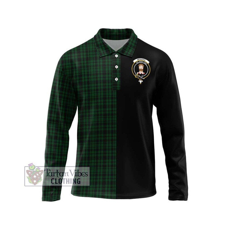 Menzies Green Tartan Long Sleeve Polo Shirt with Family Crest and Half Of Me Style
