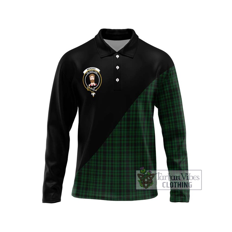Menzies Green Tartan Long Sleeve Polo Shirt with Family Crest and Military Logo Style