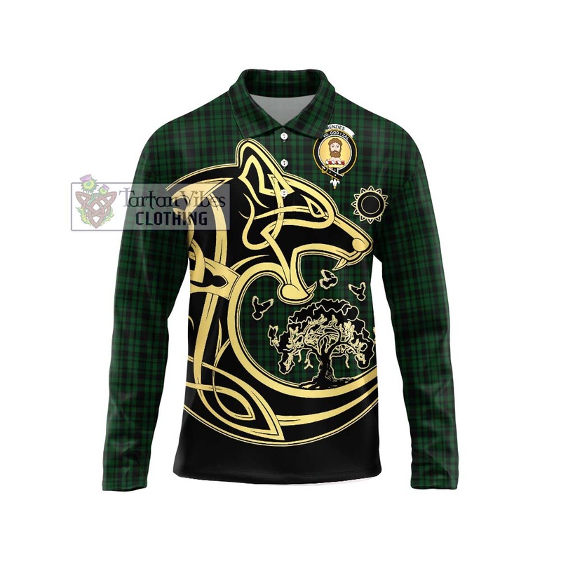 Menzies Green Tartan Long Sleeve Polo Shirt with Family Crest Celtic Wolf Style
