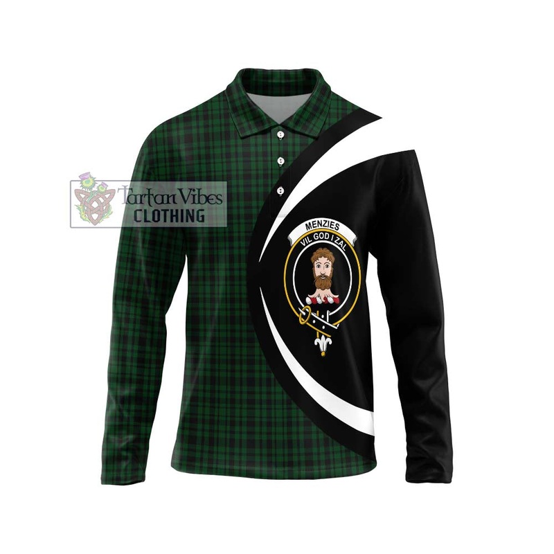 Menzies Green Tartan Long Sleeve Polo Shirt with Family Crest Circle Style