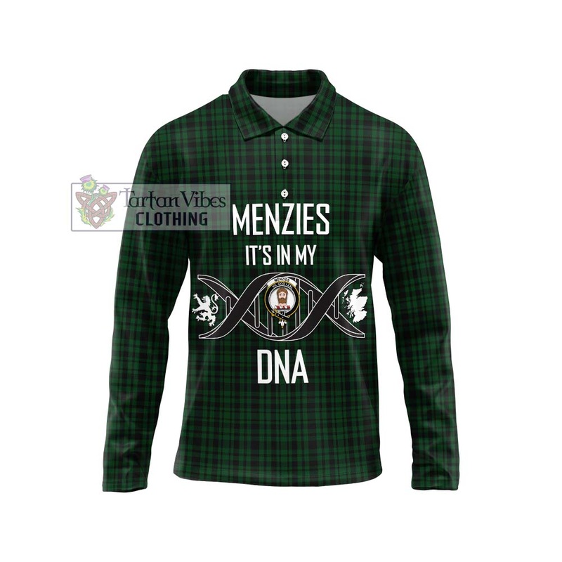 Menzies Green Tartan Long Sleeve Polo Shirt with Family Crest DNA In Me Style