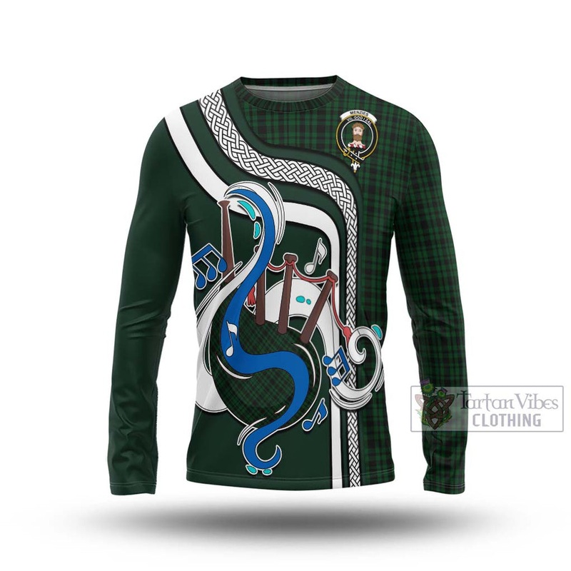 Menzies Green Tartan Long Sleeve T-Shirt with Epic Bagpipe Style