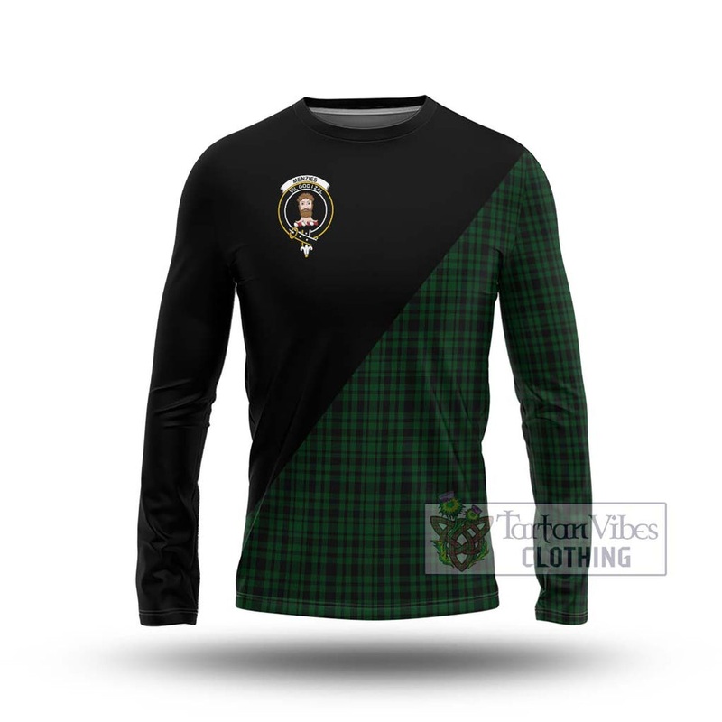Menzies Green Tartan Long Sleeve T-Shirt with Family Crest and Military Logo Style