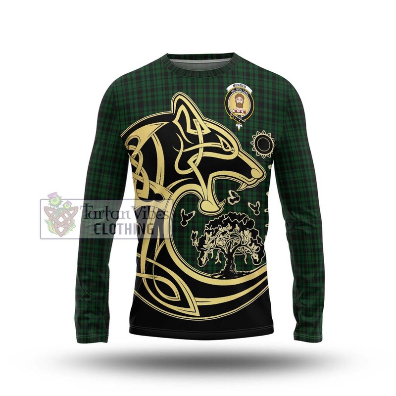 Menzies Green Tartan Long Sleeve T-Shirt with Family Crest Celtic Wolf Style