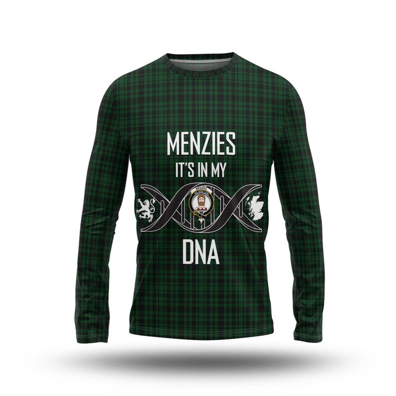 Menzies Green Tartan Long Sleeve T-Shirt with Family Crest DNA In Me Style