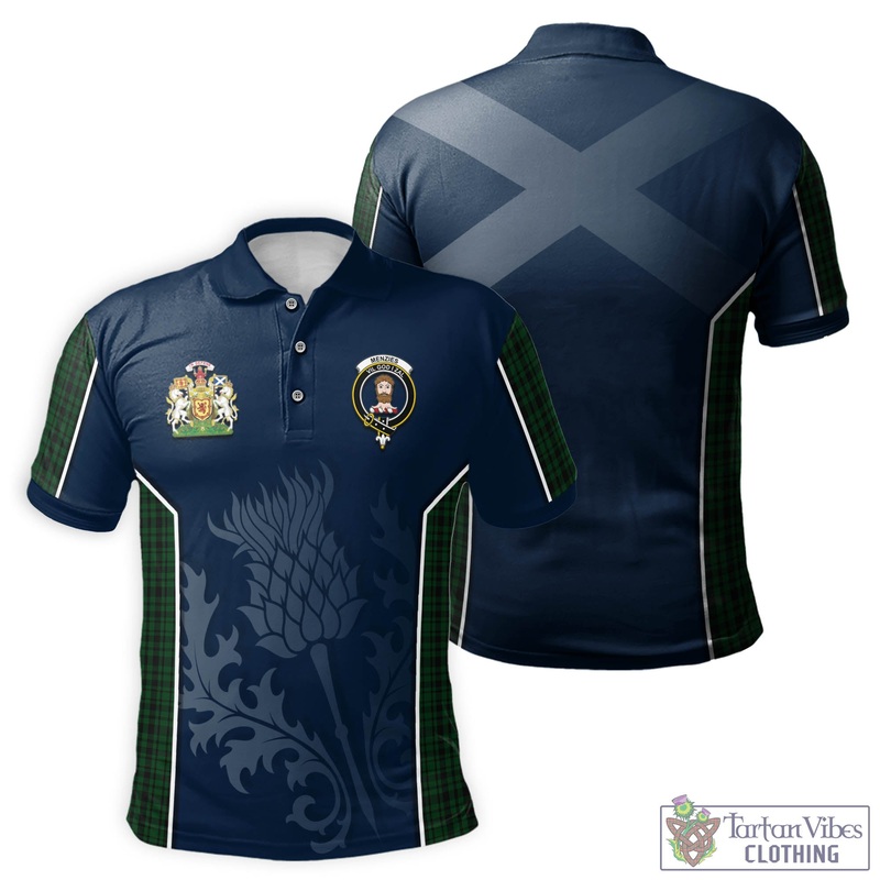 Menzies Green Tartan Men's Polo Shirt with Family Crest and Scottish Thistle Vibes Sport Style