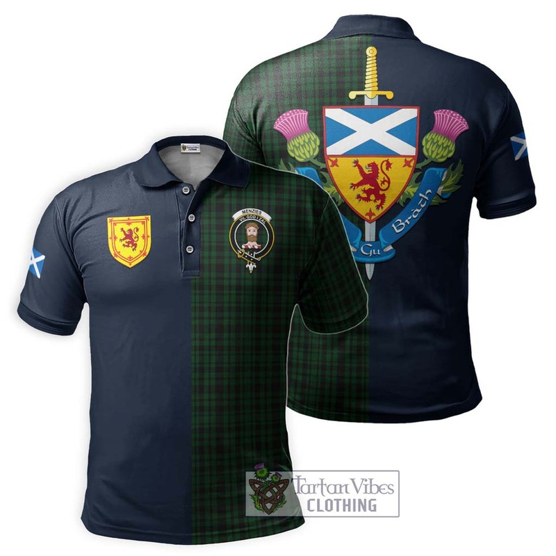 Menzies Green Tartan Polo Shirt Alba with Scottish Lion Royal Arm Half Style