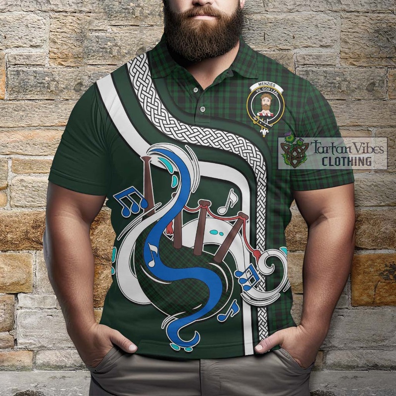 Menzies Green Tartan Polo Shirt with Epic Bagpipe Style
