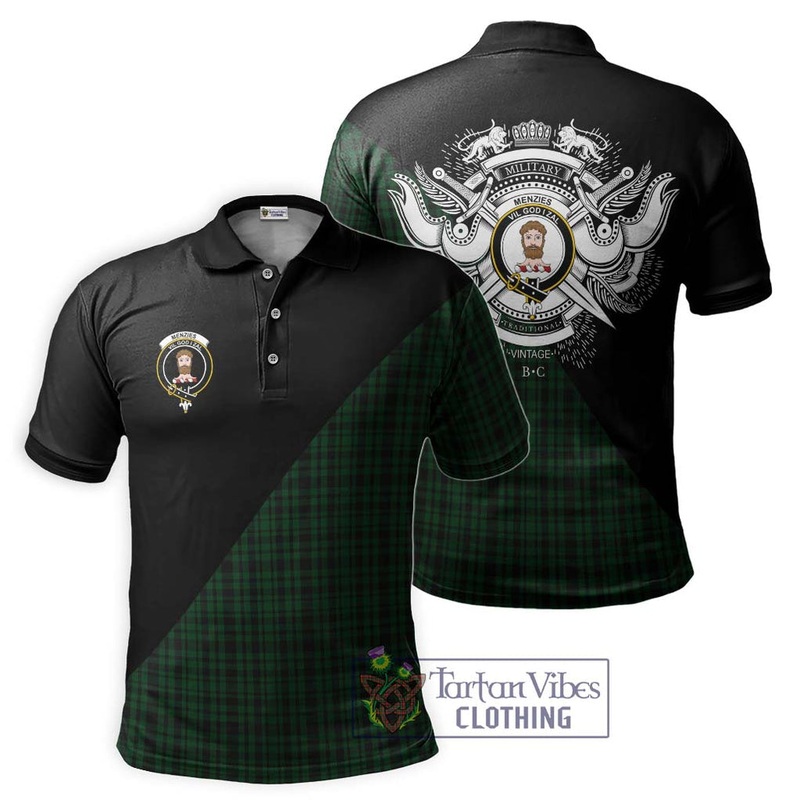 Menzies Green Tartan Polo Shirt with Family Crest and Military Logo Style