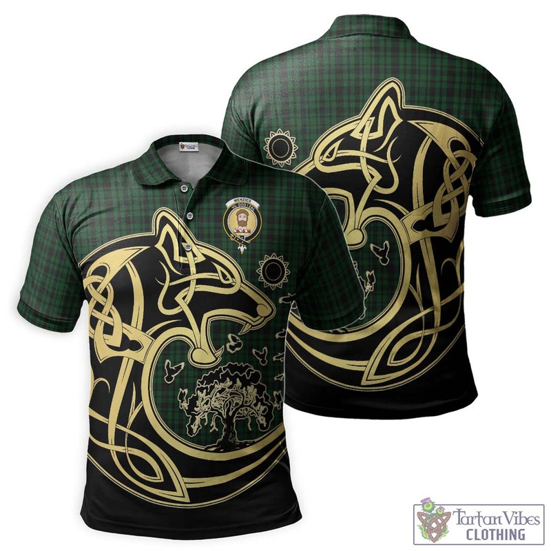 Menzies Green Tartan Polo Shirt with Family Crest Celtic Wolf Style
