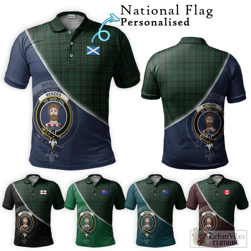 Menzies Green Tartan Polo Shirt with Personalised National Flag and Family Crest Half Style