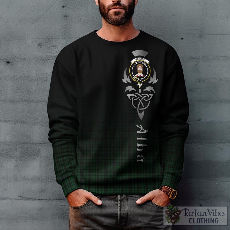 Menzies Green Tartan Sweatshirt Featuring Alba Gu Brath Family Crest Celtic Inspired