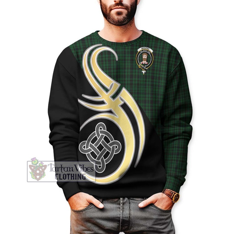 Menzies Green Tartan Sweatshirt with Family Crest and Celtic Symbol Style