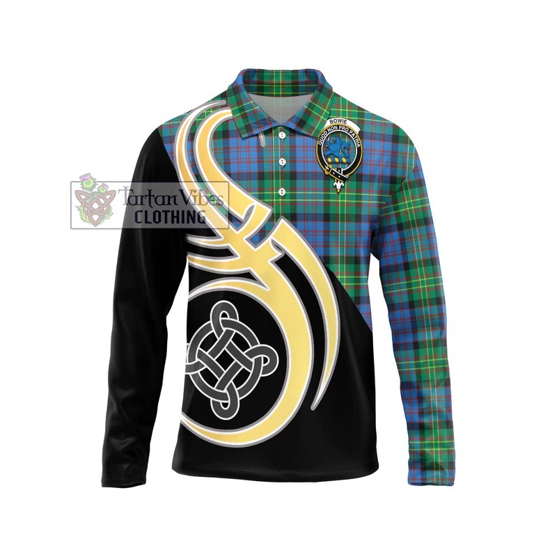 Bowie Ancient Tartan Long Sleeve Polo Shirt with Family Crest and Celtic Symbol Style