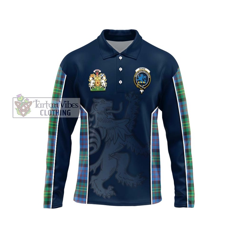 Bowie Ancient Tartan Long Sleeve Polo Shirt with Family Crest and Lion Rampant Vibes Sport Style