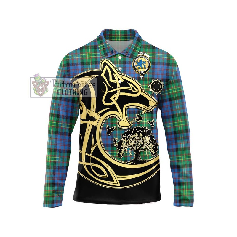 Bowie Ancient Tartan Long Sleeve Polo Shirt with Family Crest Celtic Wolf Style