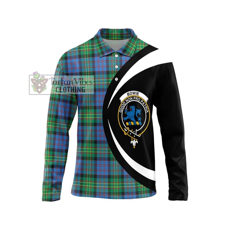 Bowie Ancient Tartan Long Sleeve Polo Shirt with Family Crest Circle Style