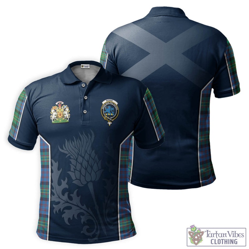 Bowie Ancient Tartan Men's Polo Shirt with Family Crest and Scottish Thistle Vibes Sport Style