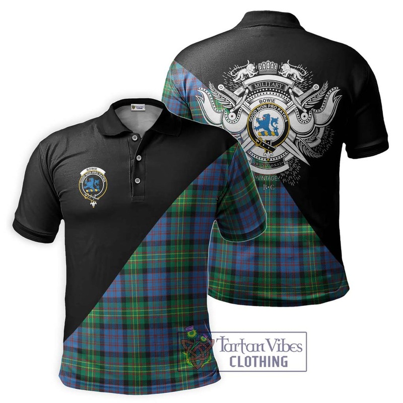 Bowie Ancient Tartan Polo Shirt with Family Crest and Military Logo Style
