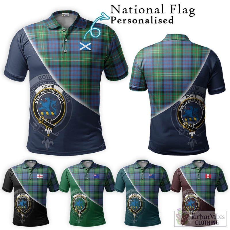 Bowie Ancient Tartan Polo Shirt with Personalised National Flag and Family Crest Half Style