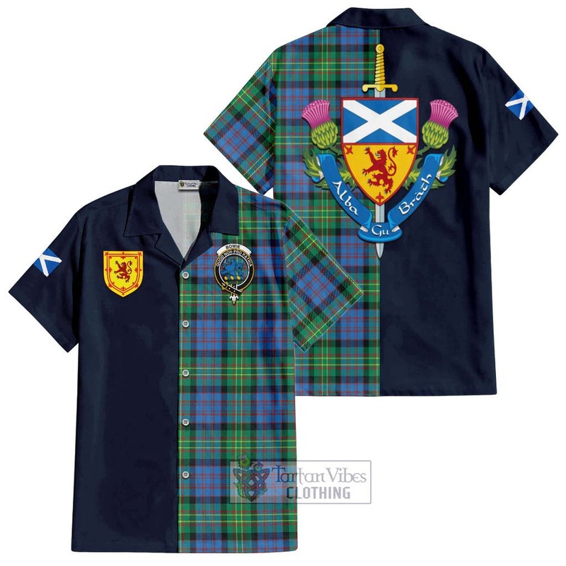 Bowie Ancient Tartan Short Sleeve Button Shirt Alba with Scottish Lion Royal Arm Half Style