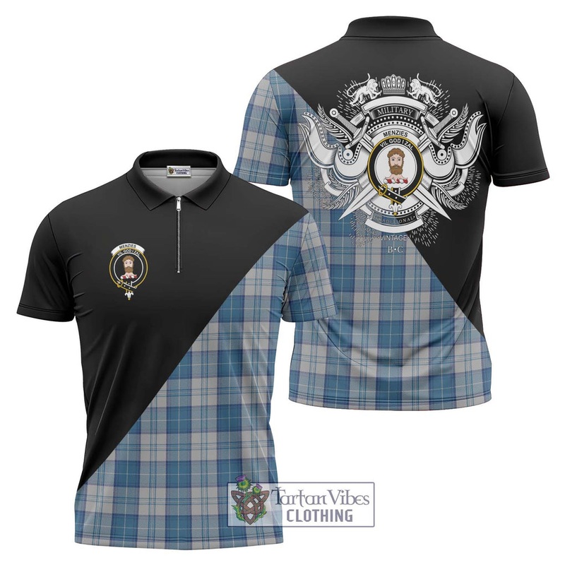 Menzies Dress Blue and White Tartan Zipper Polo Shirt with Family Crest and Military Logo Style