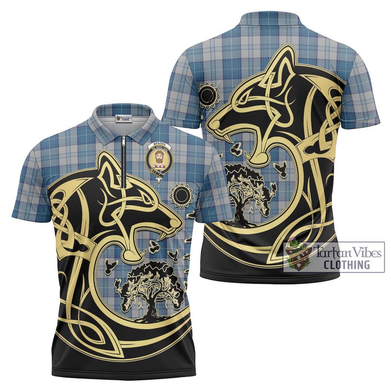 Menzies Dress Blue and White Tartan Zipper Polo Shirt with Family Crest Celtic Wolf Style