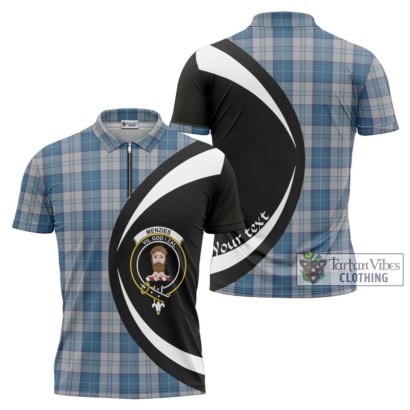 Menzies Dress Blue and White Tartan Zipper Polo Shirt with Family Crest Circle Style