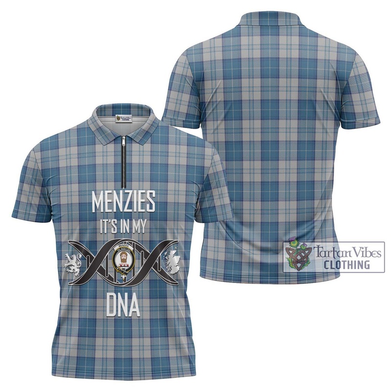 Menzies Dress Blue and White Tartan Zipper Polo Shirt with Family Crest DNA In Me Style