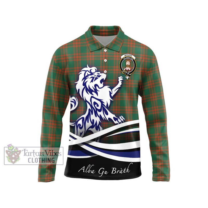 Menzies Green Ancient Tartan Long Sleeve Polo Shirt with Alba Gu Brath Regal Lion Emblem