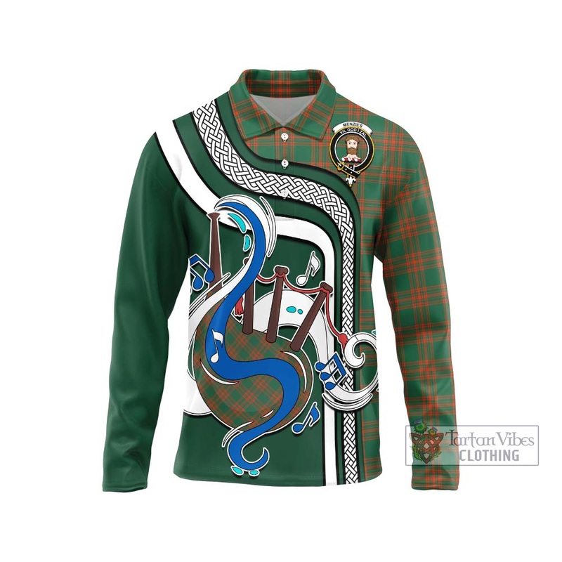 Menzies Green Ancient Tartan Long Sleeve Polo Shirt with Epic Bagpipe Style