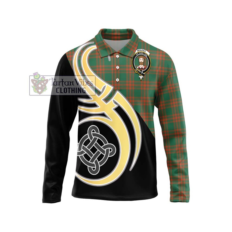 Menzies Green Ancient Tartan Long Sleeve Polo Shirt with Family Crest and Celtic Symbol Style