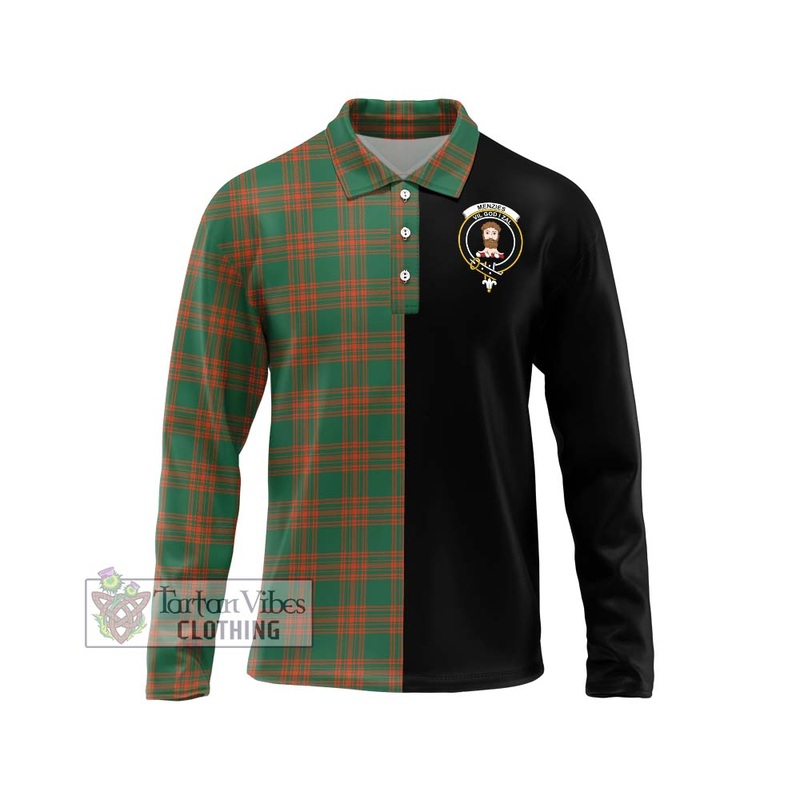 Menzies Green Ancient Tartan Long Sleeve Polo Shirt with Family Crest and Half Of Me Style