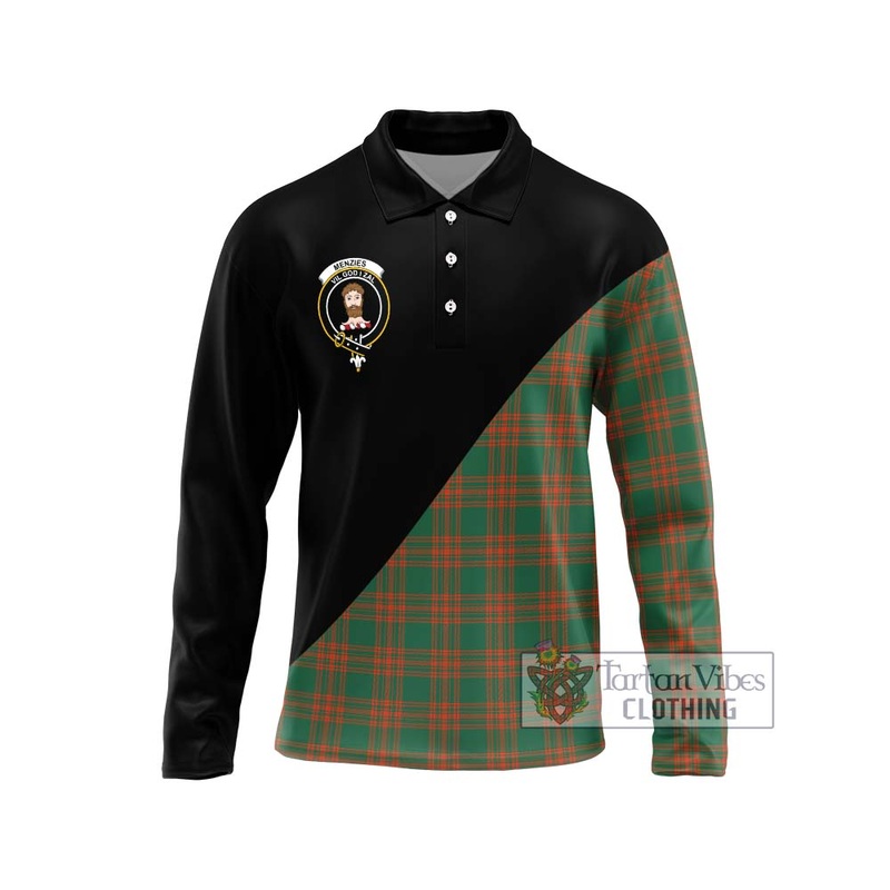 Menzies Green Ancient Tartan Long Sleeve Polo Shirt with Family Crest and Military Logo Style