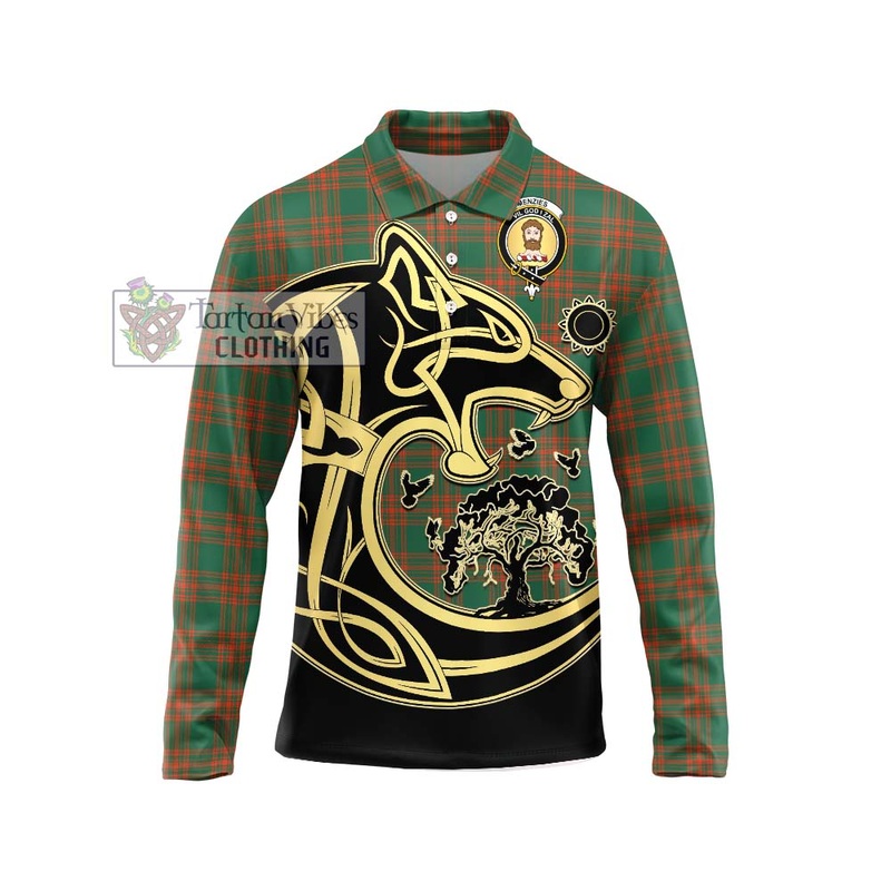 Menzies Green Ancient Tartan Long Sleeve Polo Shirt with Family Crest Celtic Wolf Style