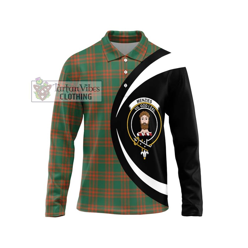 Menzies Green Ancient Tartan Long Sleeve Polo Shirt with Family Crest Circle Style